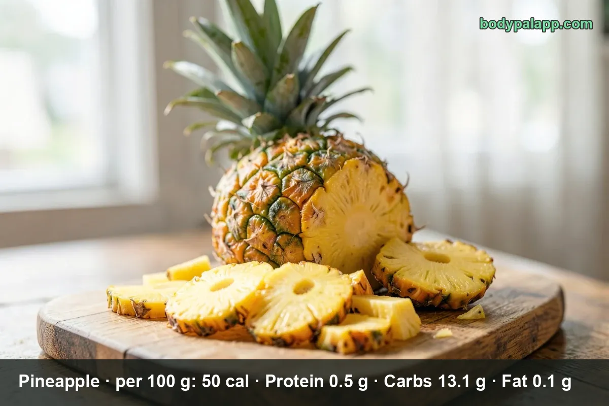 Half a pineapple hollowed out and filled with pineapple chunks, topped with green herbs and crumbs, on a wooden board