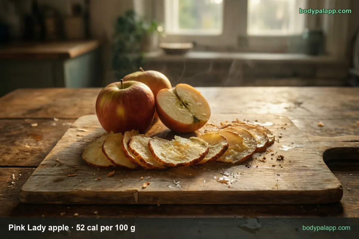 Pink Lady apple whole, halved and a peeled slice in a bowl - 1 medium apple (154 g) 80 cal, 1 cup slices (109 g) 57 cal