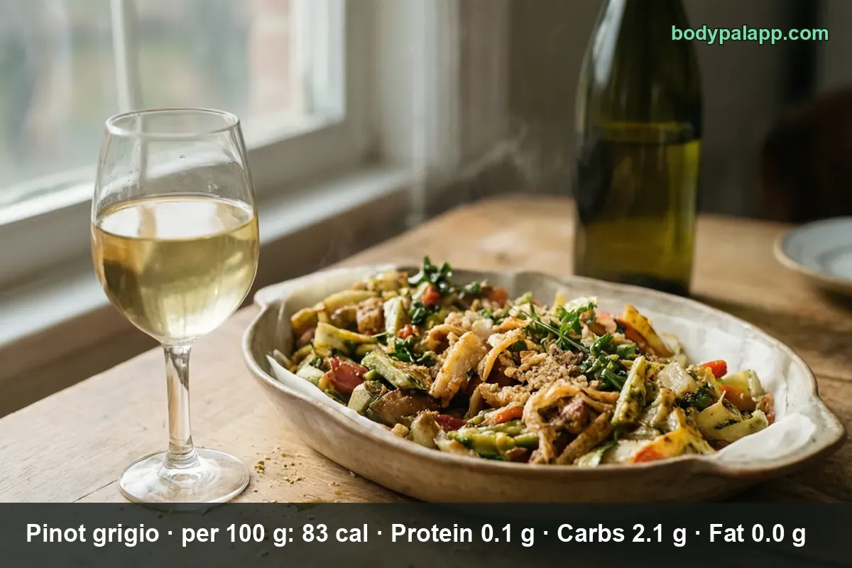 Glass of white pinot grigio and an unlabeled bottle next to a bowl of vegetable salad