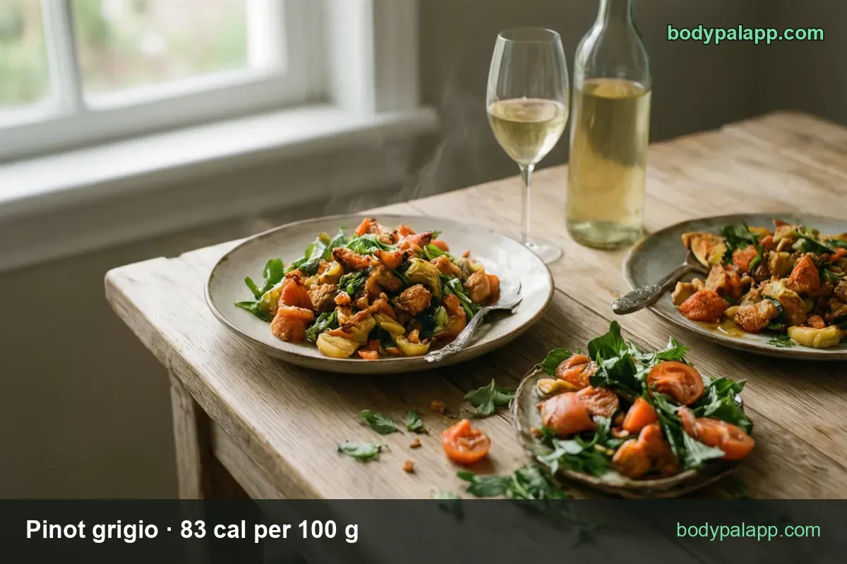 Glass of white wine and unlabeled bottle behind plates of vegetables, labeled 1 glass 147 g 122 cal and 1 bottle 746 g 619 cal