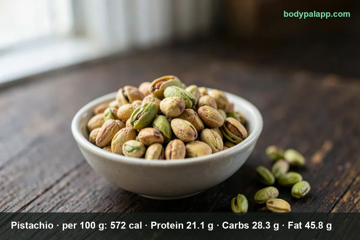 A pile of in-shell pistachios on a slate slab with fresh basil leaves.