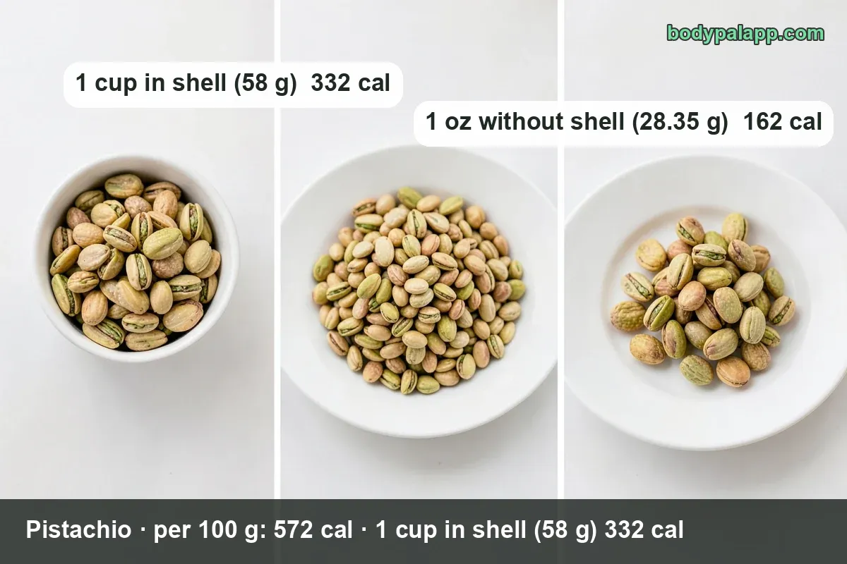 In-shell pistachios on slate with basil, labeled 1 cup in shell 58 g 332 cal and 1 oz shelled 28.35 g 162 cal.