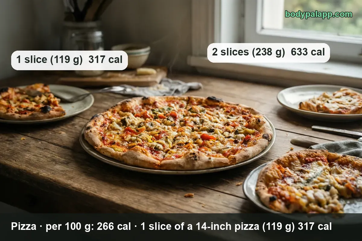 A whole pizza in the center with plates around it holding one and two slices - 317 calories per slice, 633 for two