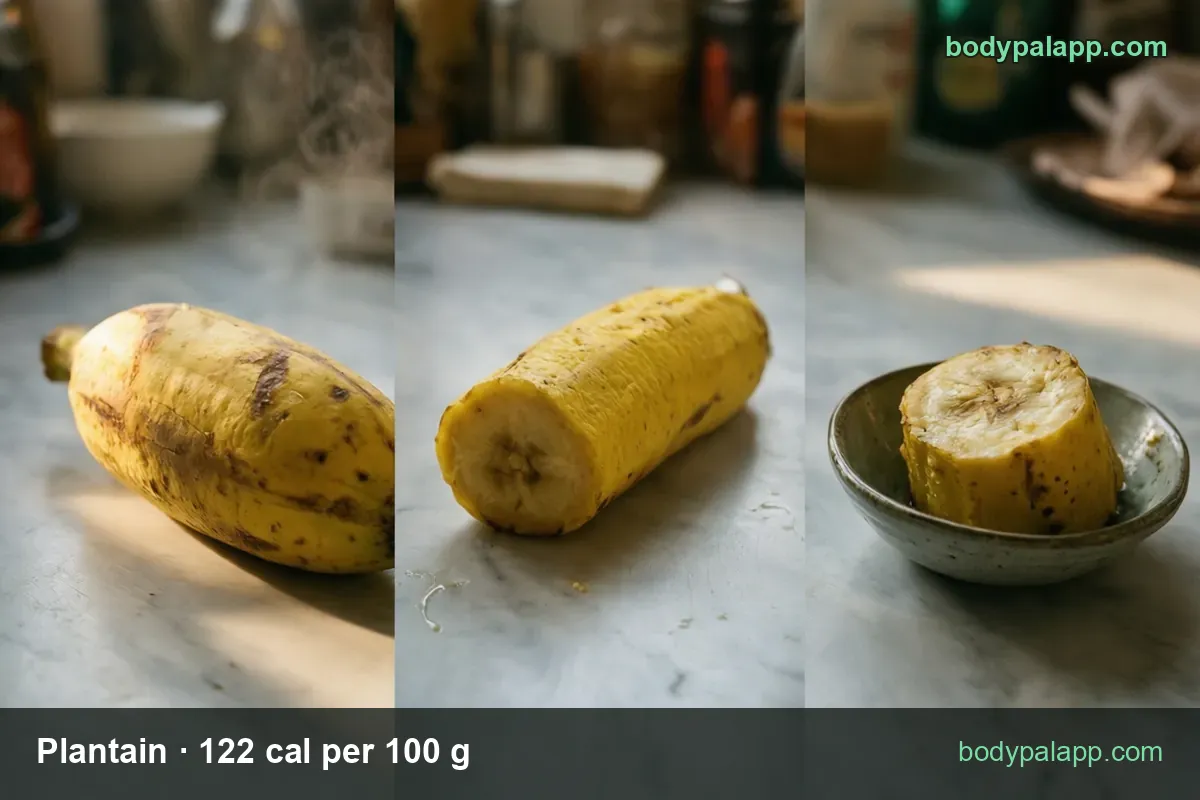 Whole ripe plantain, peeled plantain and a thick peeled chunk in a small bowl, with 1 medium 329 cal and 1 cup sliced 181 cal