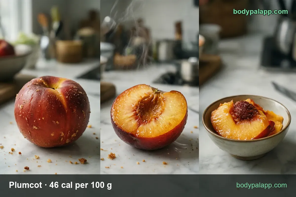 Whole plumcot, a half with pit and yellow flesh, and a bowl of cooked slices; 1 fruit (66 g) 30 cal, 1 cup sliced (165 g) 76 cal