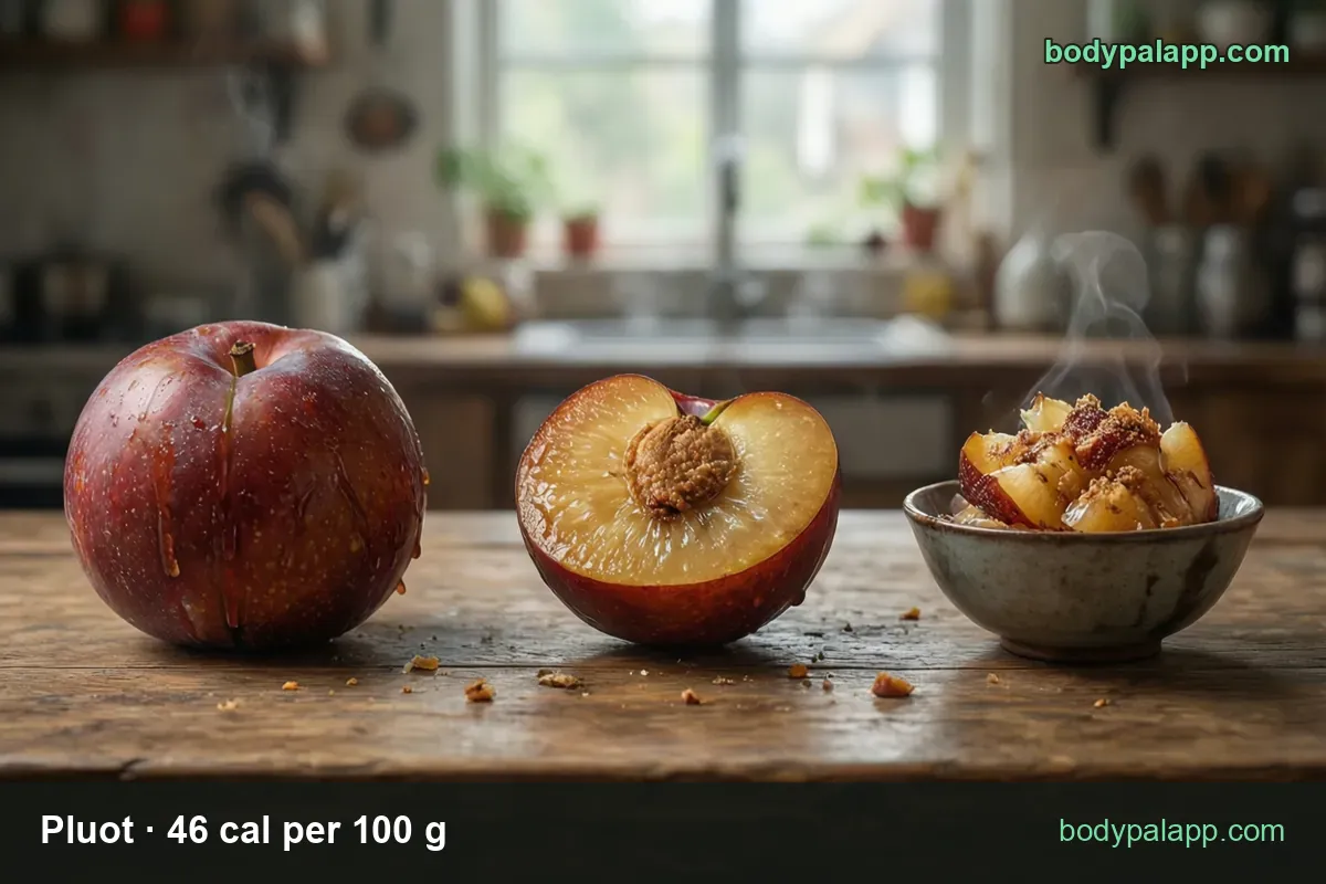 Whole pluot, a halved pluot showing the pit and yellow flesh, and a bowl of roasted pluot pieces; 1 pluot 66 g 30 cal, 1 cup sliced 165 g 76 cal.