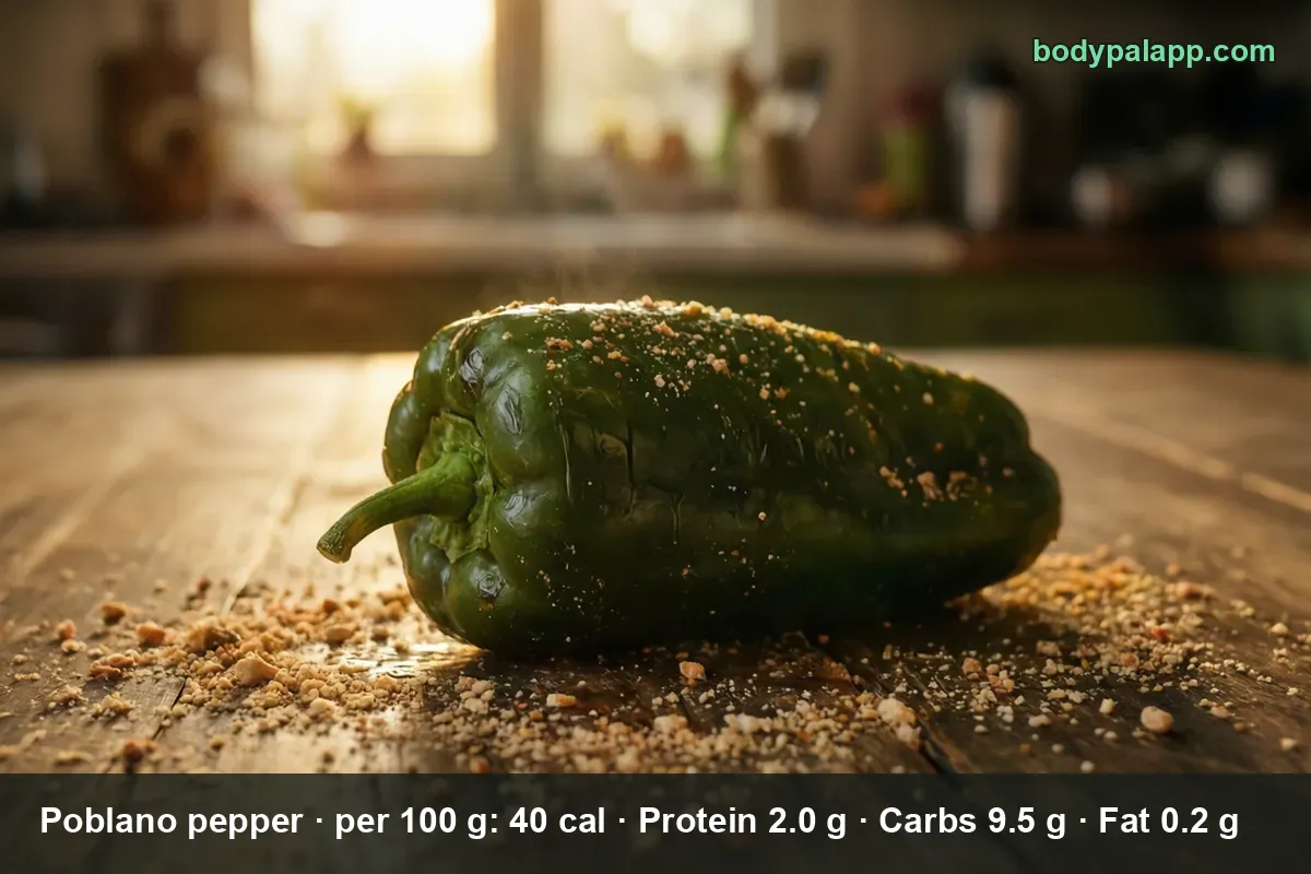 One whole raw dark green poblano pepper with its stem, on a wooden table