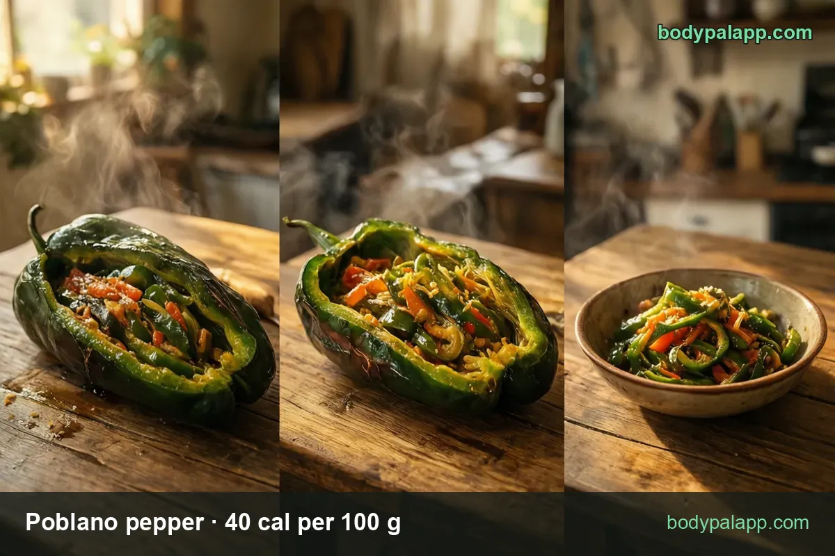Roasted poblano split and stuffed, a second stuffed roasted poblano and a bowl of sauteed strips, with 1 cup 150 g and 1 pepper 45 g chips