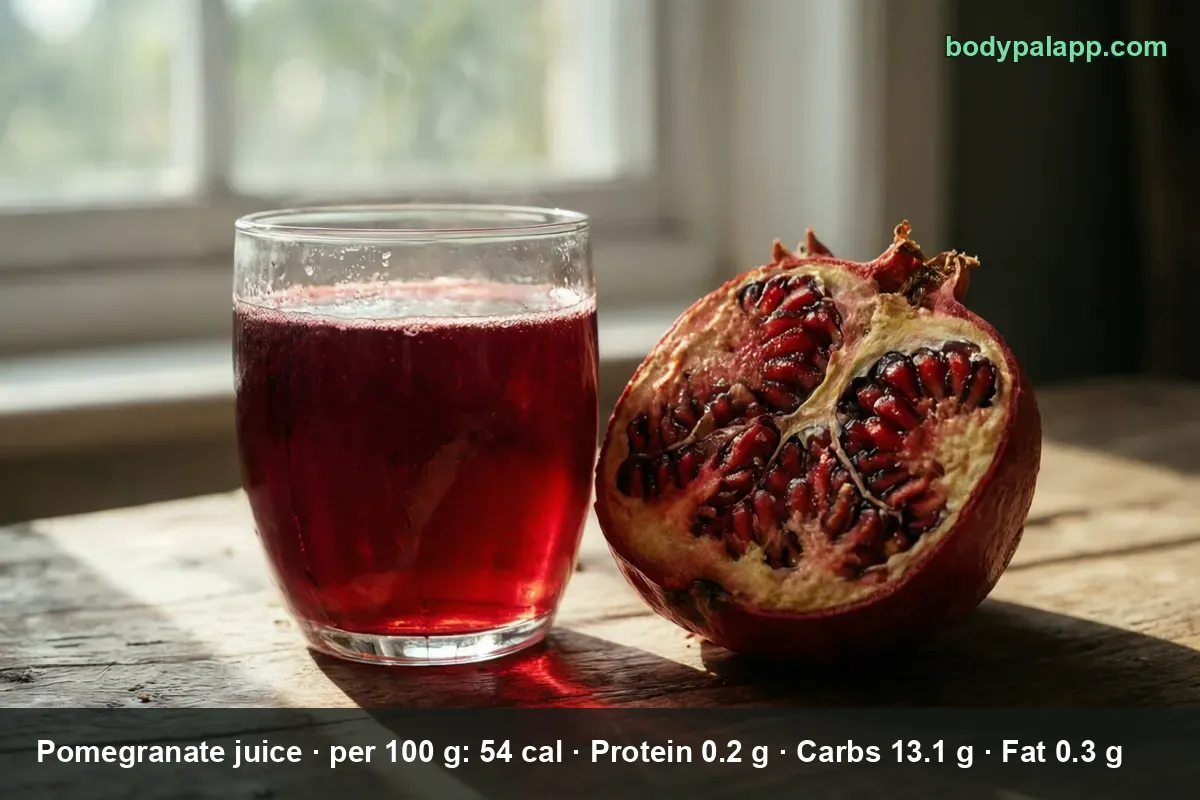 Glass of dark red pomegranate juice next to a halved pomegranate on a wooden table