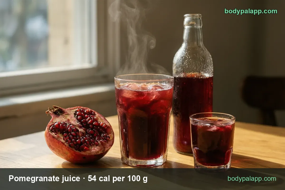 Halved pomegranate, iced glass of juice and unlabeled juice bottle on wood, with 1 cup 134 cal and 1/2 cup 67 cal