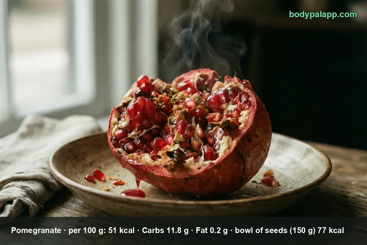 Pomegranate cut open on a plate - 92 calories per whole fruit