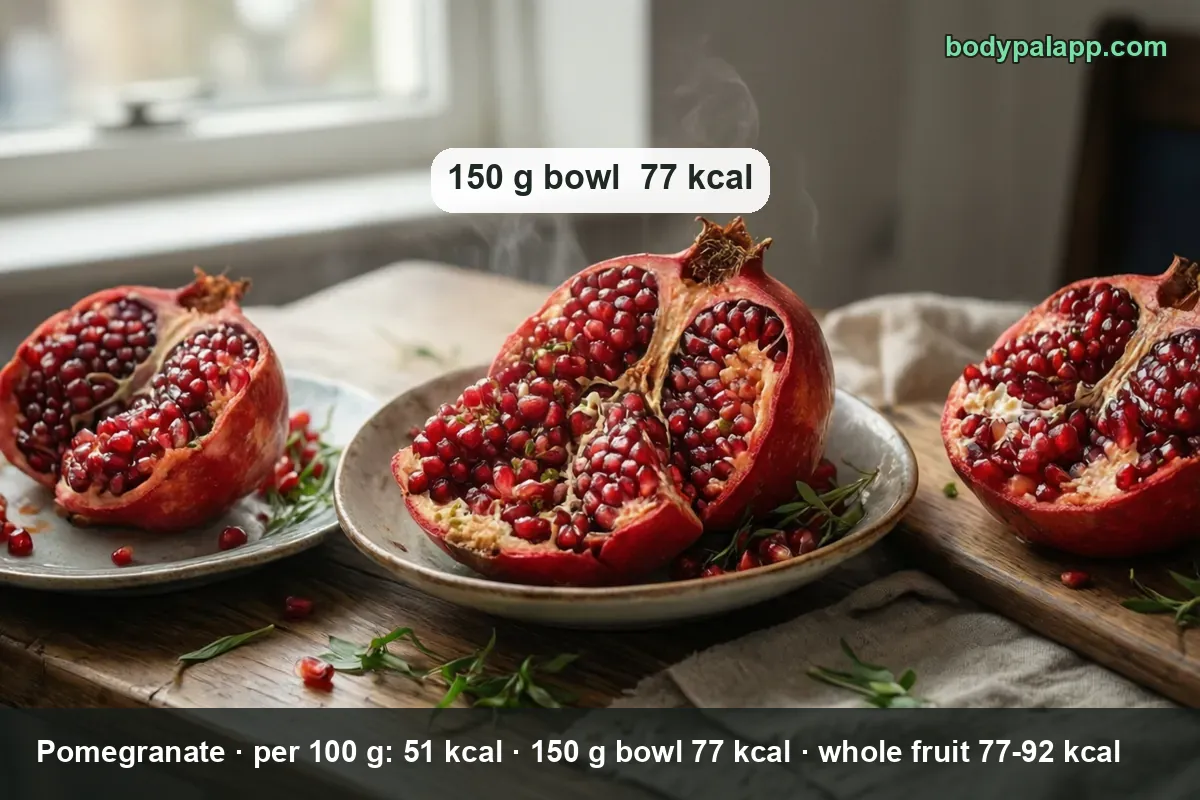 Cut pomegranates showing seeds - 77 calories per 150 g bowl