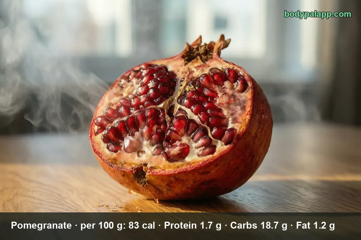 Close-up of a halved pomegranate showing its red seeds, with light steam rising.