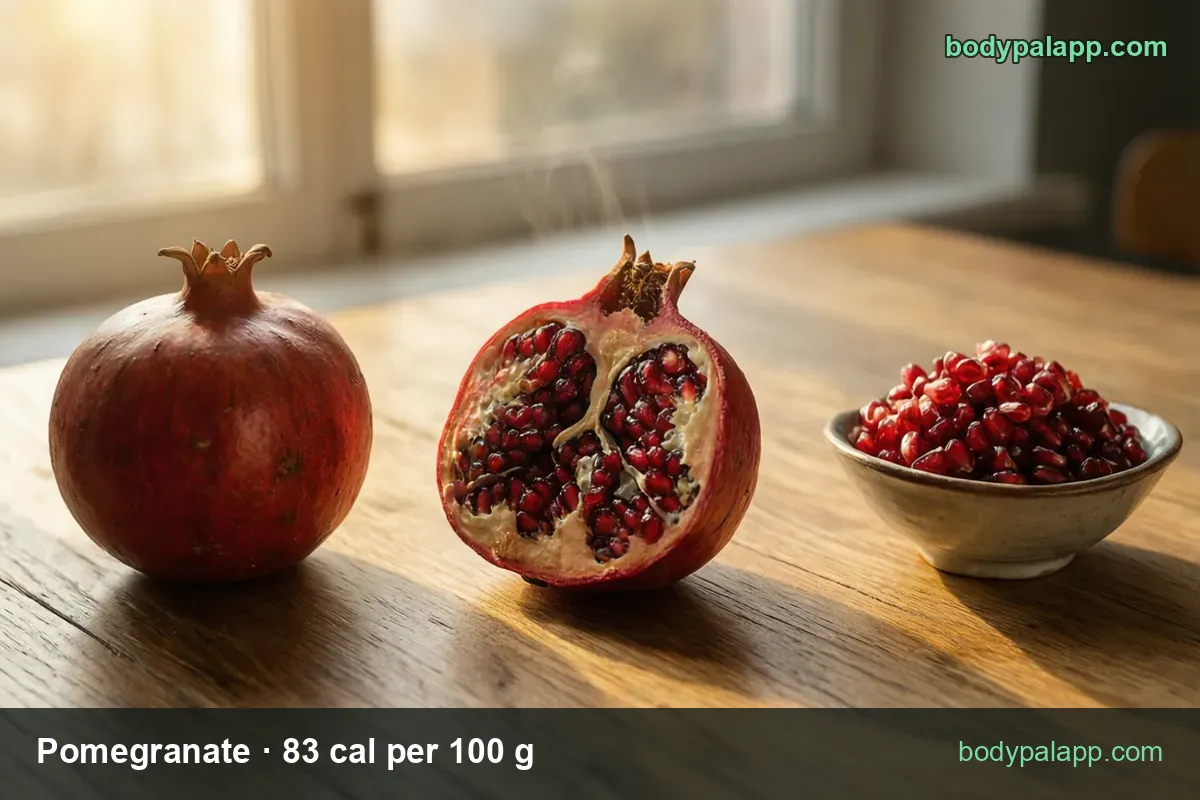 Whole pomegranate, a halved one with seeds and a bowl of arils on wood, labeled 1/2 cup arils 72 cal and 1 pomegranate 234 cal.