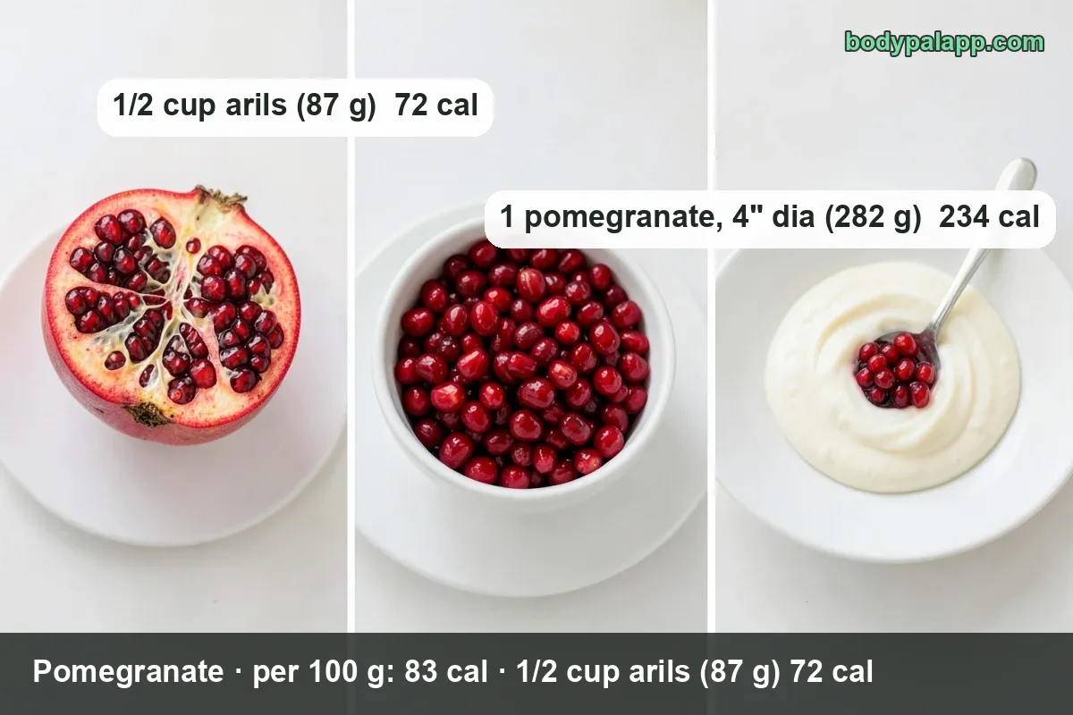 Three broken pomegranates with loose arils and green leaves on plates and a wooden board; 1/2 cup arils 72 cal, whole fruit 234 cal