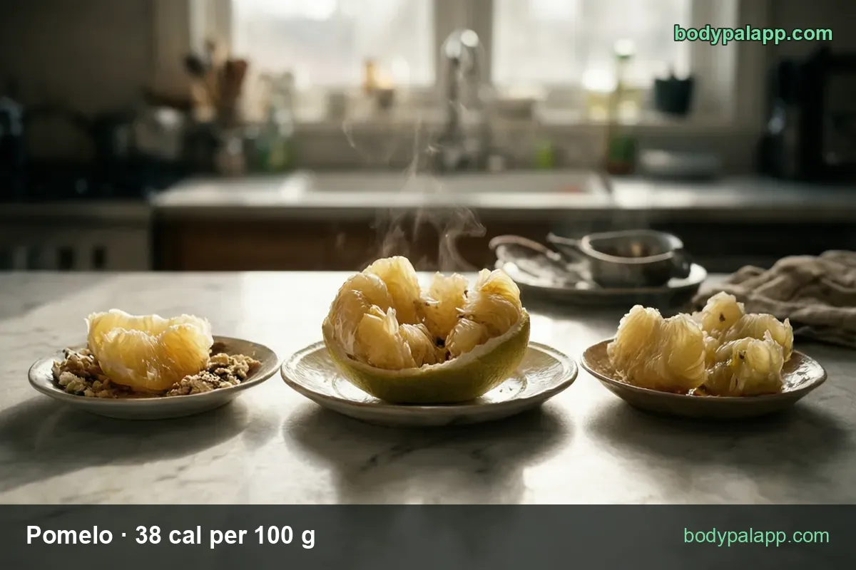 Three plates of pomelo: two peeled slices, a half fruit with loose segments, and a pile of segments; 1 cup 72 cal, whole fruit 231 cal.