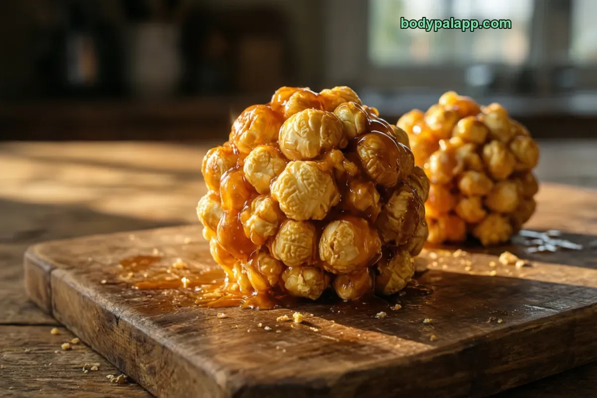 Popcorn ball, caramel coated