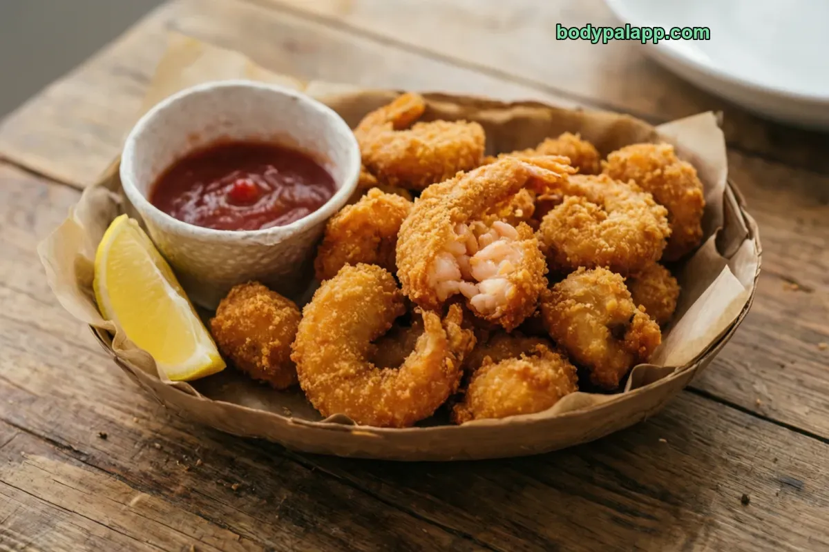 Popcorn shrimp, packaged, per label
