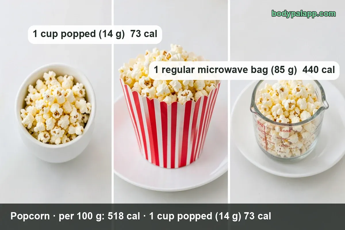 Caramel popcorn on a plate, salted popcorn in a large bowl and caramel-cheese popcorn in a black bowl; 1 cup 73 cal, microwave bag 440 cal