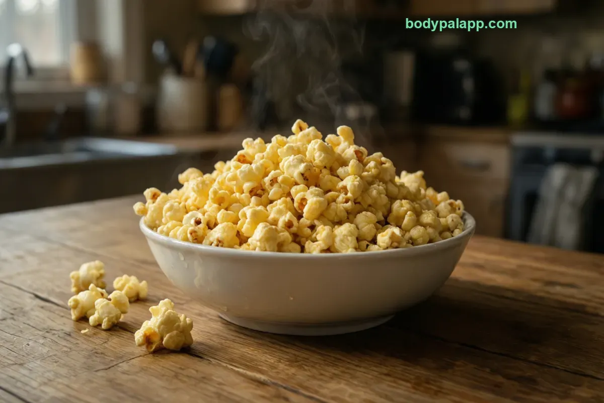 Popcorn with oil, home oil-popped, unsalted