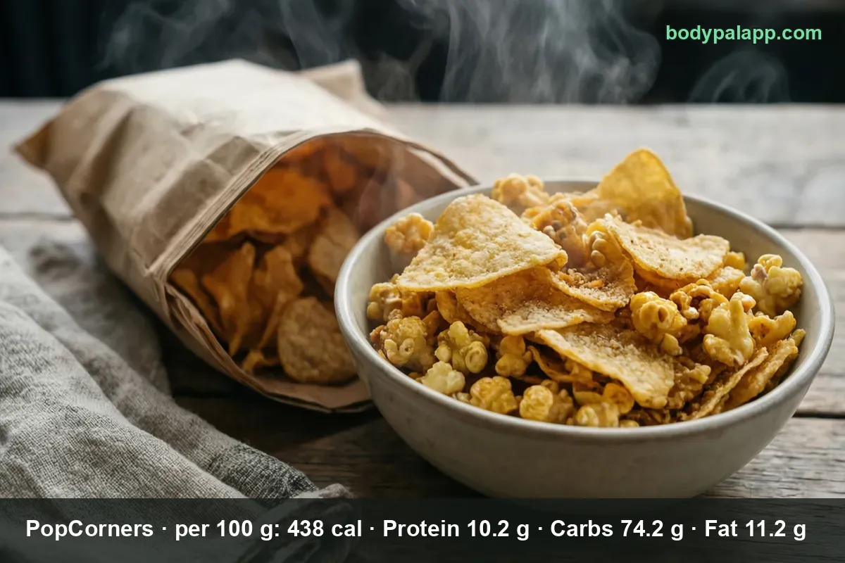 Bowl of popped corn crisps mixed with popcorn beside an open brown paper bag, steam rising.