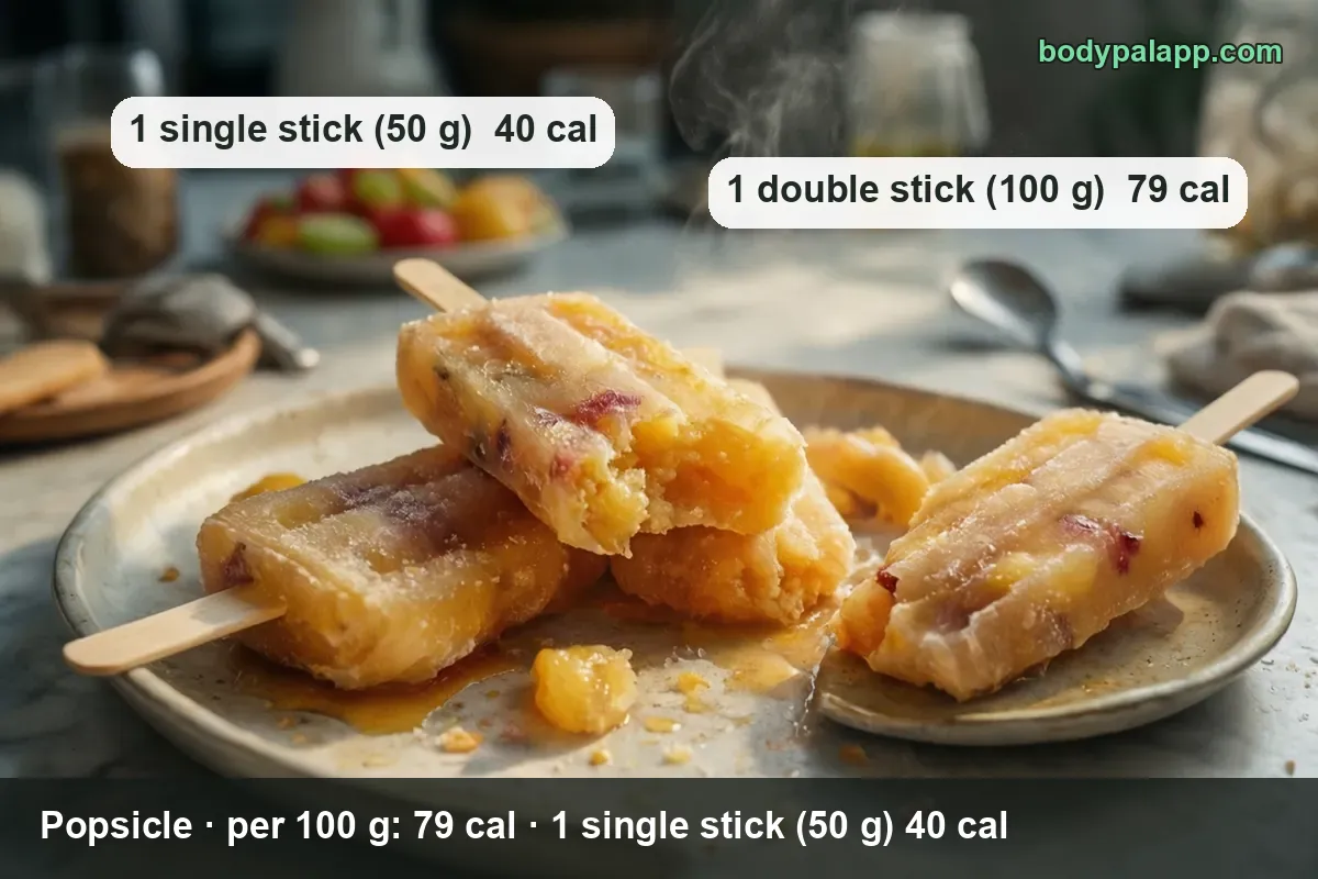 Four popsicles on wooden sticks in a shallow dish, one broken in half; 1 single stick (50 g) 40 cal and 1 double stick (100 g) 79 cal.