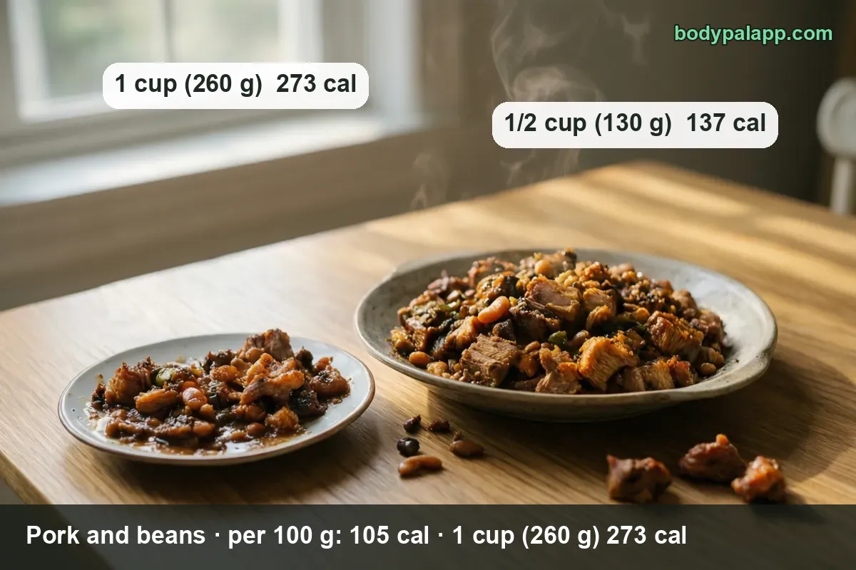 Two servings of pork and beans, a small plate and a large shallow bowl with pork pieces, labeled 1 cup (260 g) and 1/2 cup (130 g)