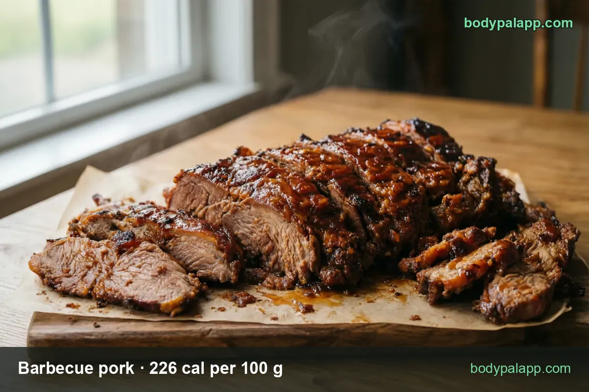 Glazed barbecue pork roast on a board with sliced and pulled pieces, chips for 1 cup 240 g and 1 slice 60 g.