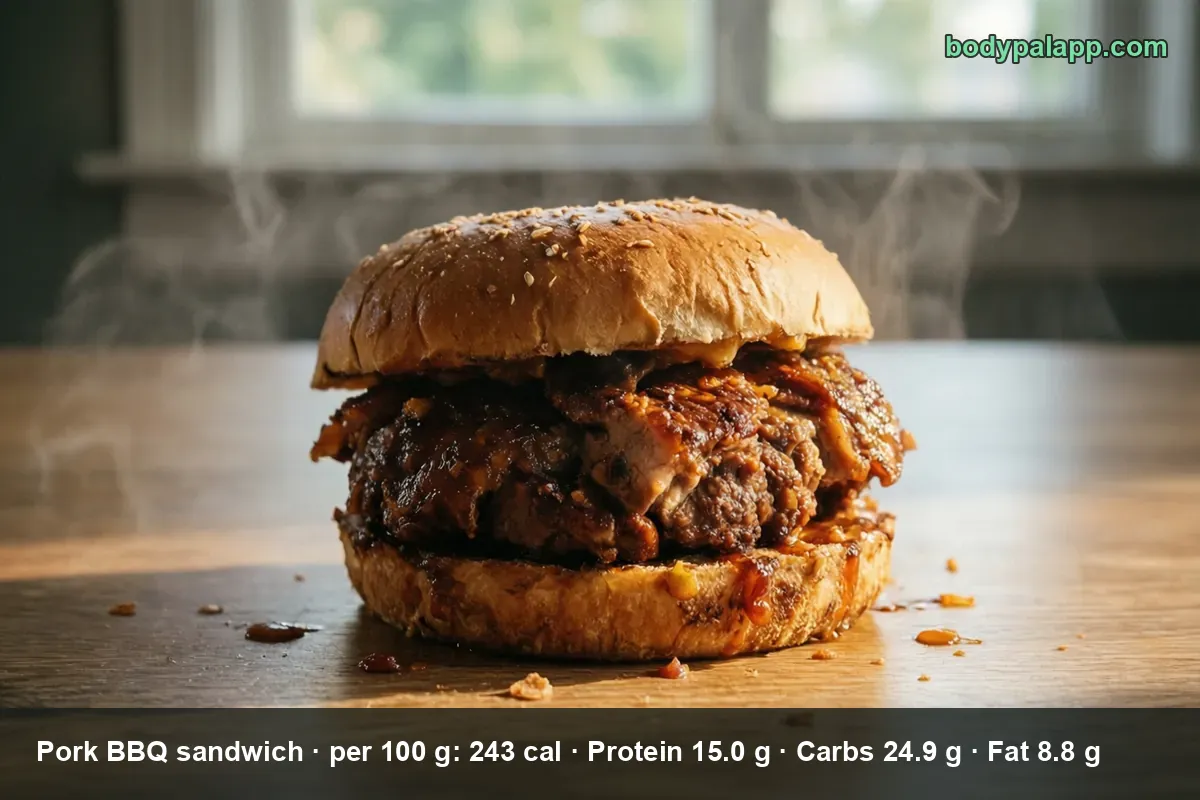 Pork BBQ sandwich on a sesame bun with a thick saucy meat filling, steam rising from it