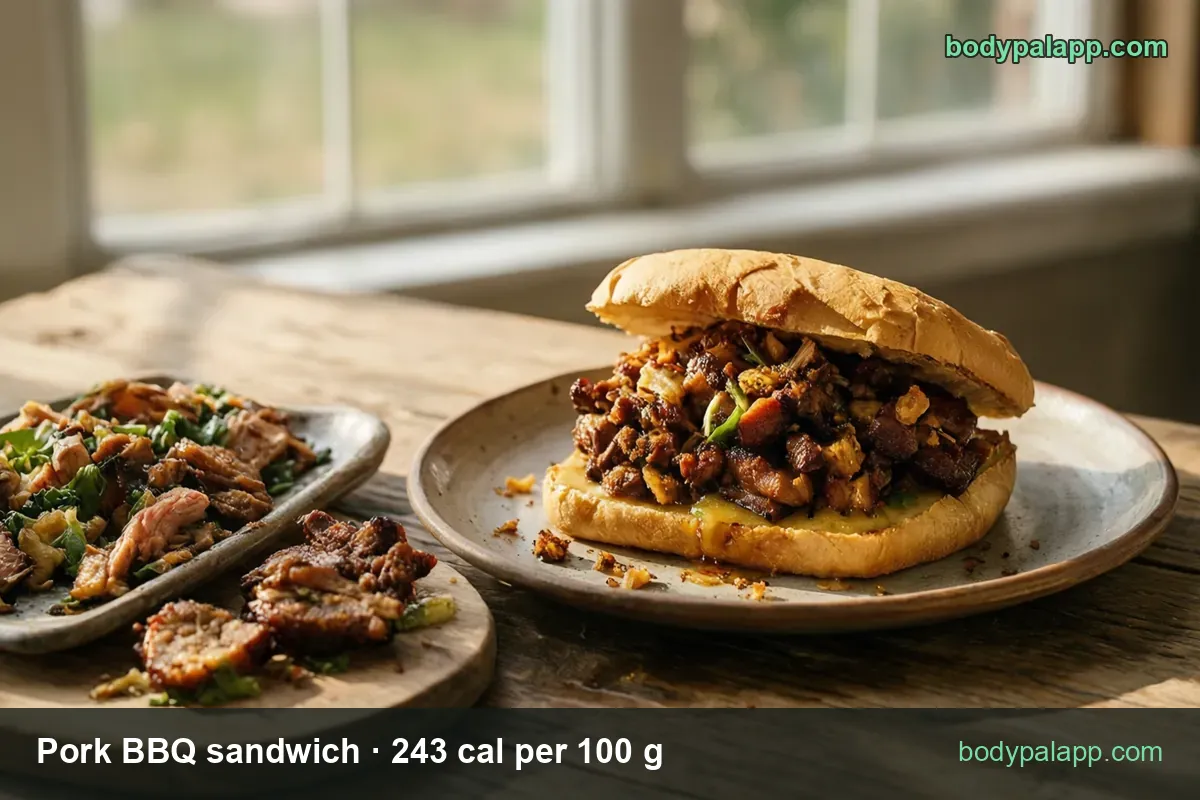 Open pork BBQ sandwich in a white bun with saucy pulled pork, sliced pork on a board beside it; 180 g 437 cal, 270 g 656 cal
