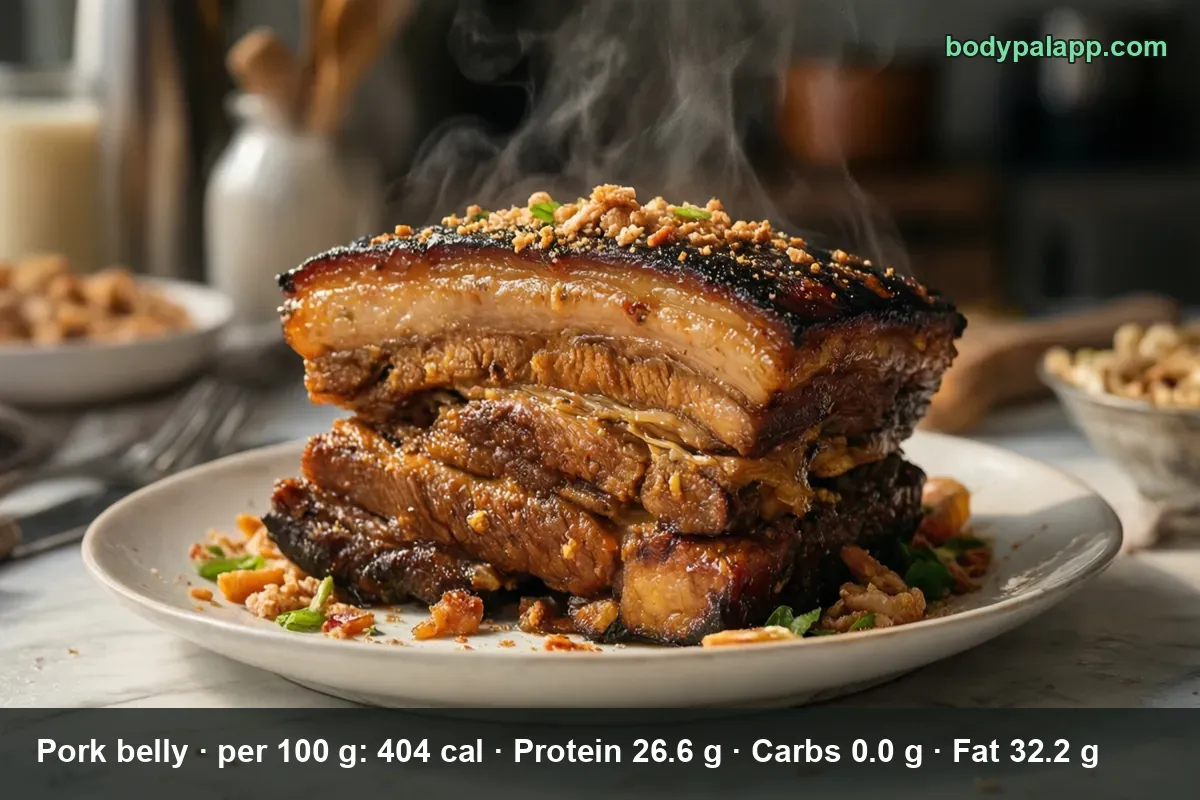 Three roasted pork belly slices with crisp crackling and layered fat, crumbs and rising steam