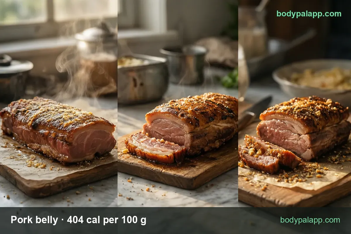 Sliced roasted pork belly, three slices 90 g at 364 cal and one slice 30 g at 121 cal