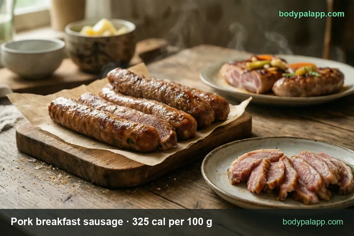 Four thick cooked pork sausages on a board, sliced rounds and two patties on plates nearby; 2 links 46 g 150 cal, 1 patty 27 g 88 cal.
