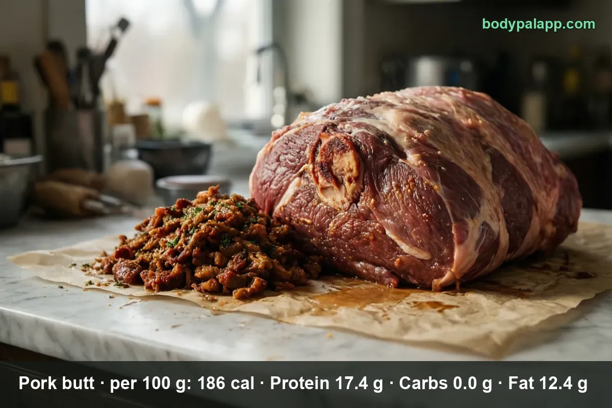 Raw whole bone-in pork butt on butcher paper with a pile of cooked pulled pork beside it