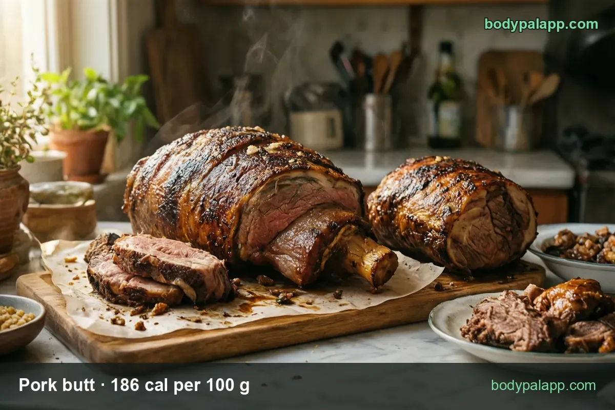 Two roasted bone-in pork butts on a board with two slices, pulled pork and a side bowl; 4 oz raw 210 cal, 1 steak 536 cal
