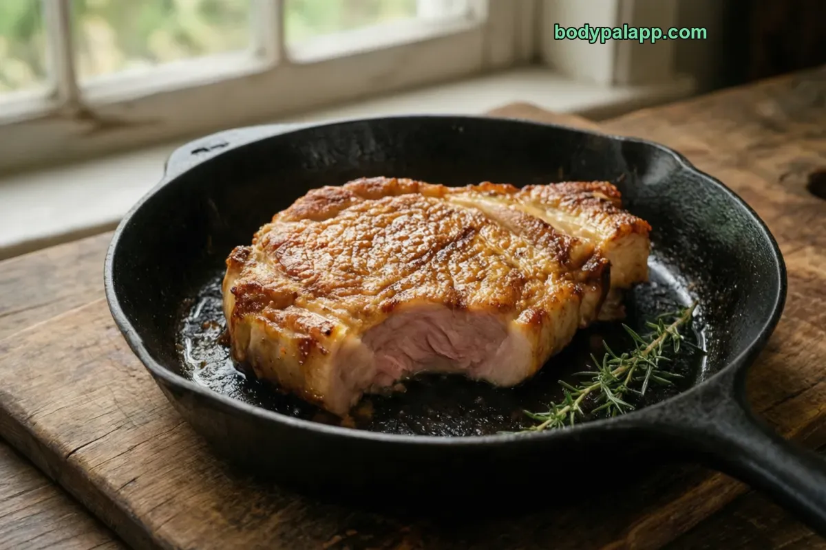 Fried pork chop, pan-fried, bone-in, with fat