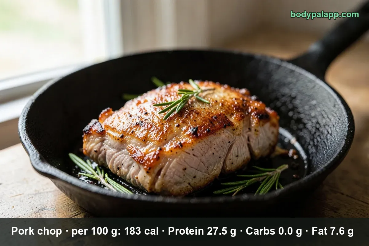 Large grilled bone-in pork chop with grill marks, a pat of herb butter beside it and light steam rising.