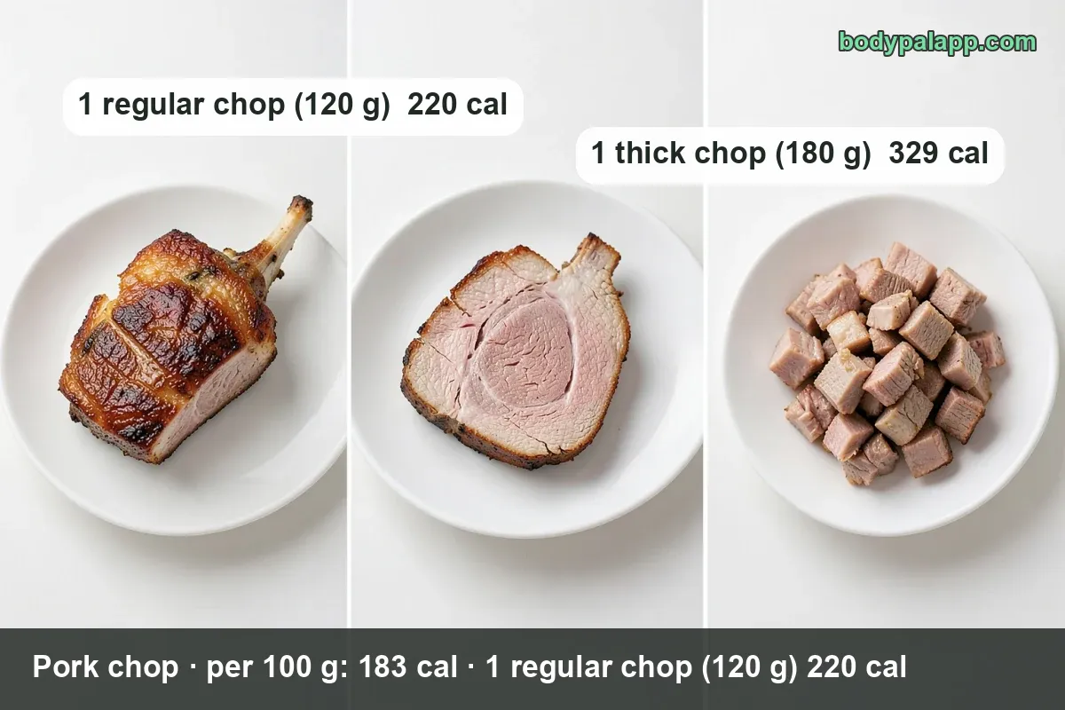 Cooked pork chops on a ceramic plate and in two cast-iron pans with herb butter; 1 regular chop (120 g) and 1 thick chop (180 g).