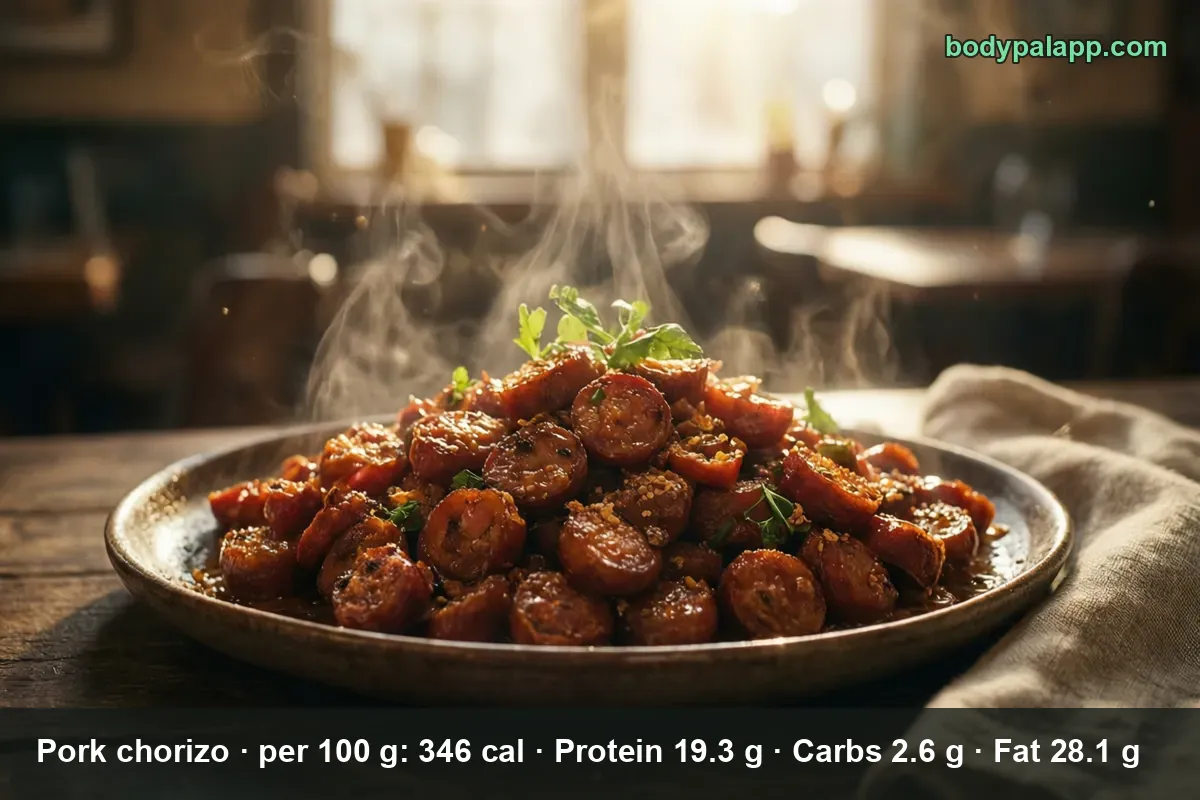 Plate of sauteed pork chorizo rounds in sauce with parsley, steaming