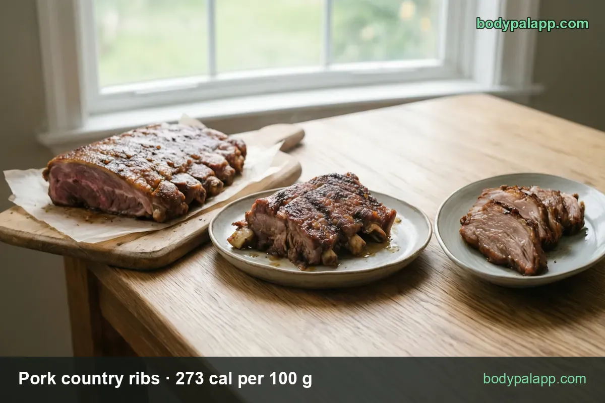 Plate of two bone-in pork country ribs with sauce and sliced meat, chips 1 rib 86 g 235 cal and 4 oz 113 g 308 cal