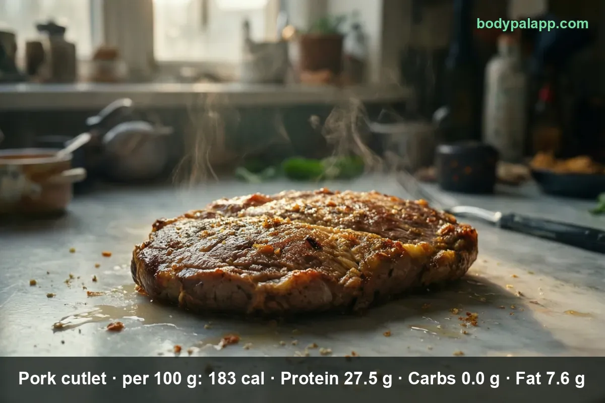 One whole cooked pork cutlet without breading, seasoned and steaming, on a stone counter.