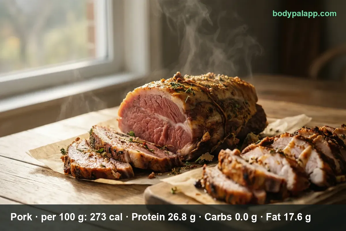 Whole roasted pork leg with a herb crust and steam, two slices in front and sliced pieces on a wooden board to the right.
