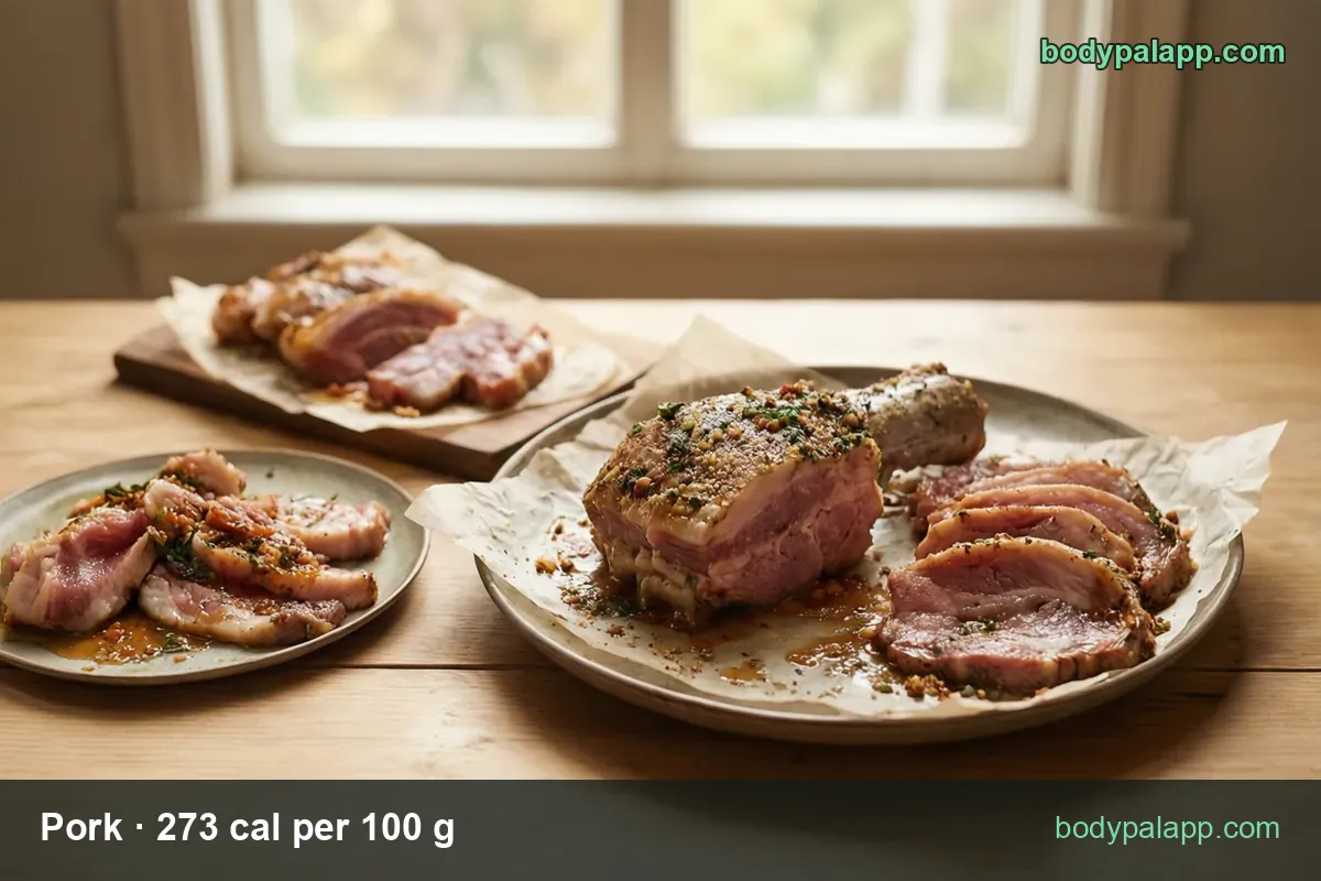 Herb-crusted roast pork, pink in the middle, with thick slices on a plate: 3 oz roasted (85 g) 232 cal and 6 oz (170 g) 464 cal.