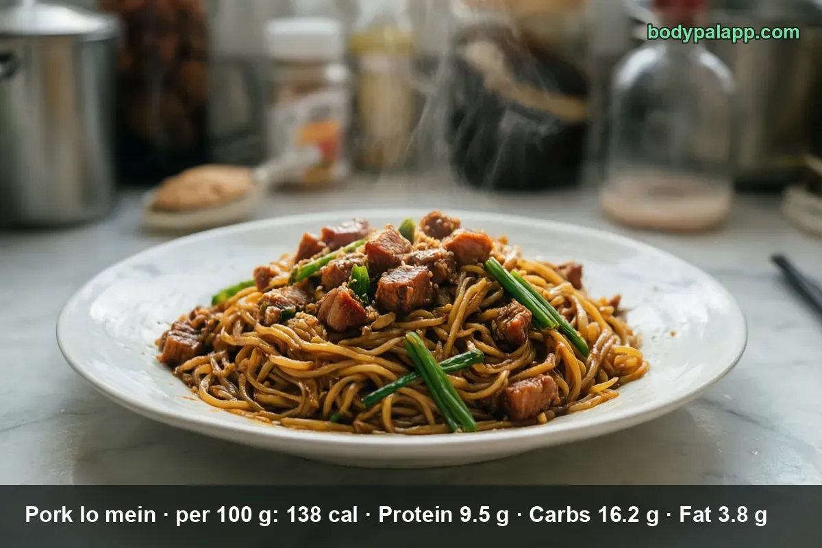 Plate of pork lo mein noodles with cubes of pork and green onion, steam rising.