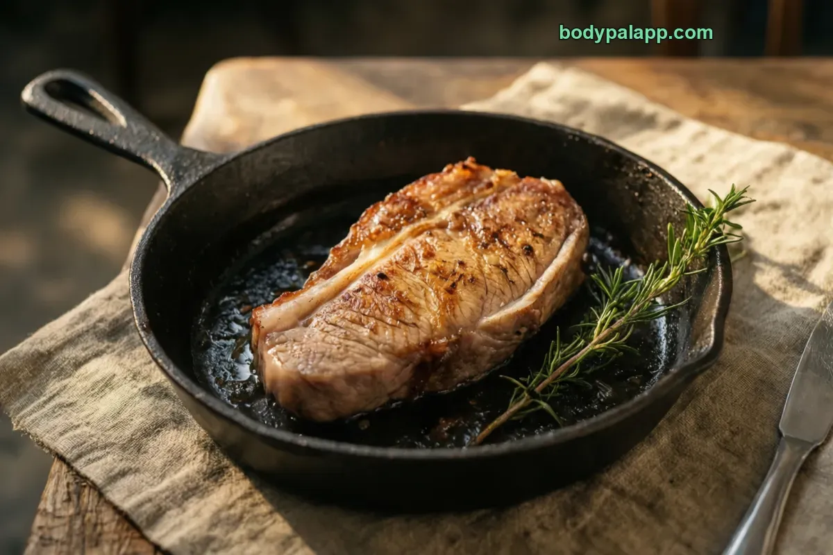 Boneless pork loin chop, broiled, lean and fat