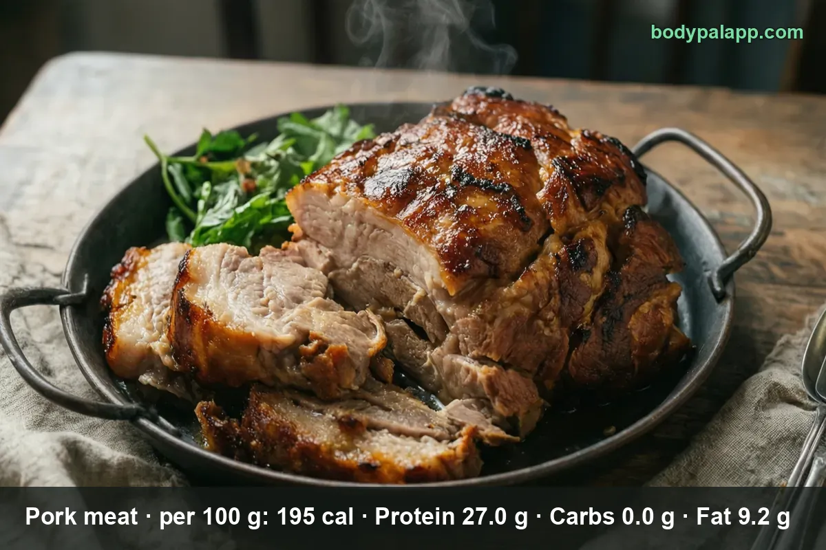 Roast pork with crisp crackling and two carved slices in a cast iron pan with arugula