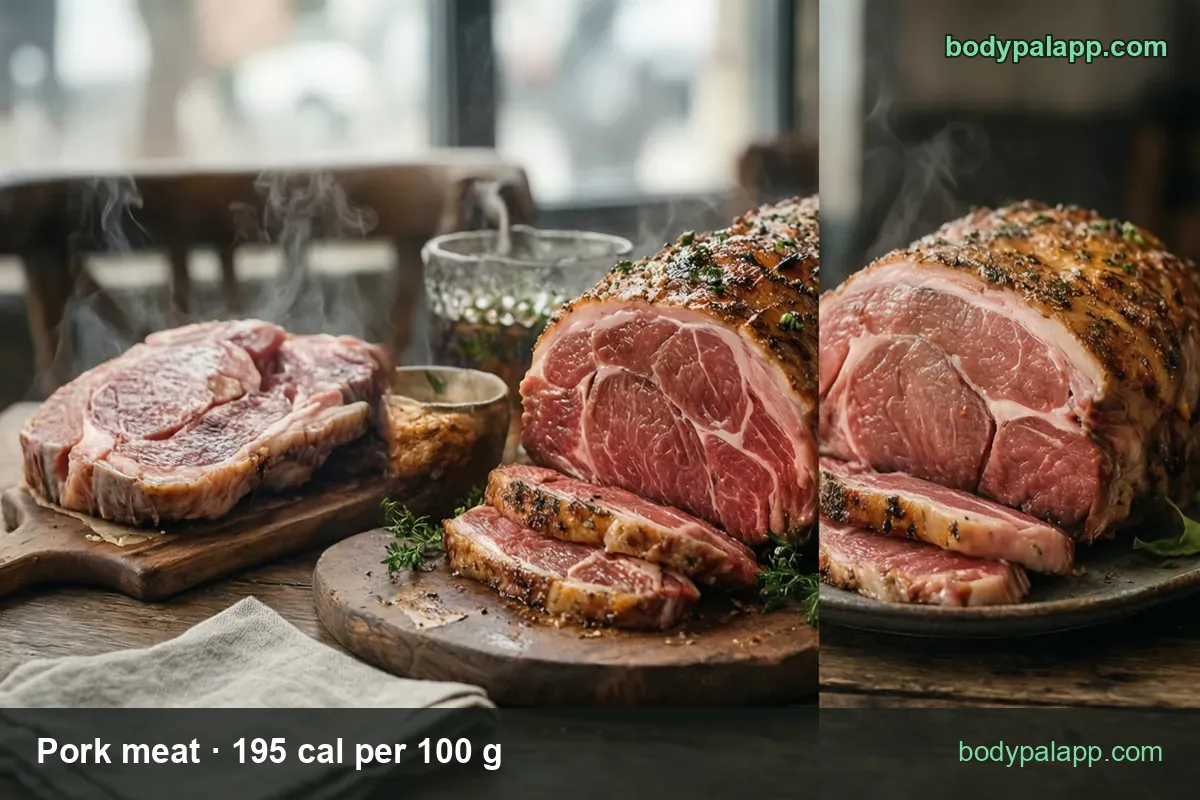 Raw pork chop on a board and sliced roast pork, with 1 regular chop (120 g) 234 cal and 1 thin chop (90 g) 176 cal