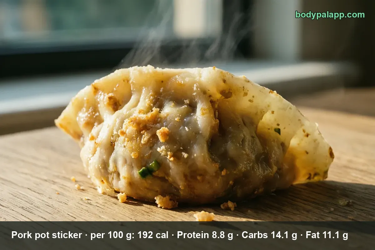 Close-up of a single pan-fried pork pot sticker on wood with steam rising from its crimped edge