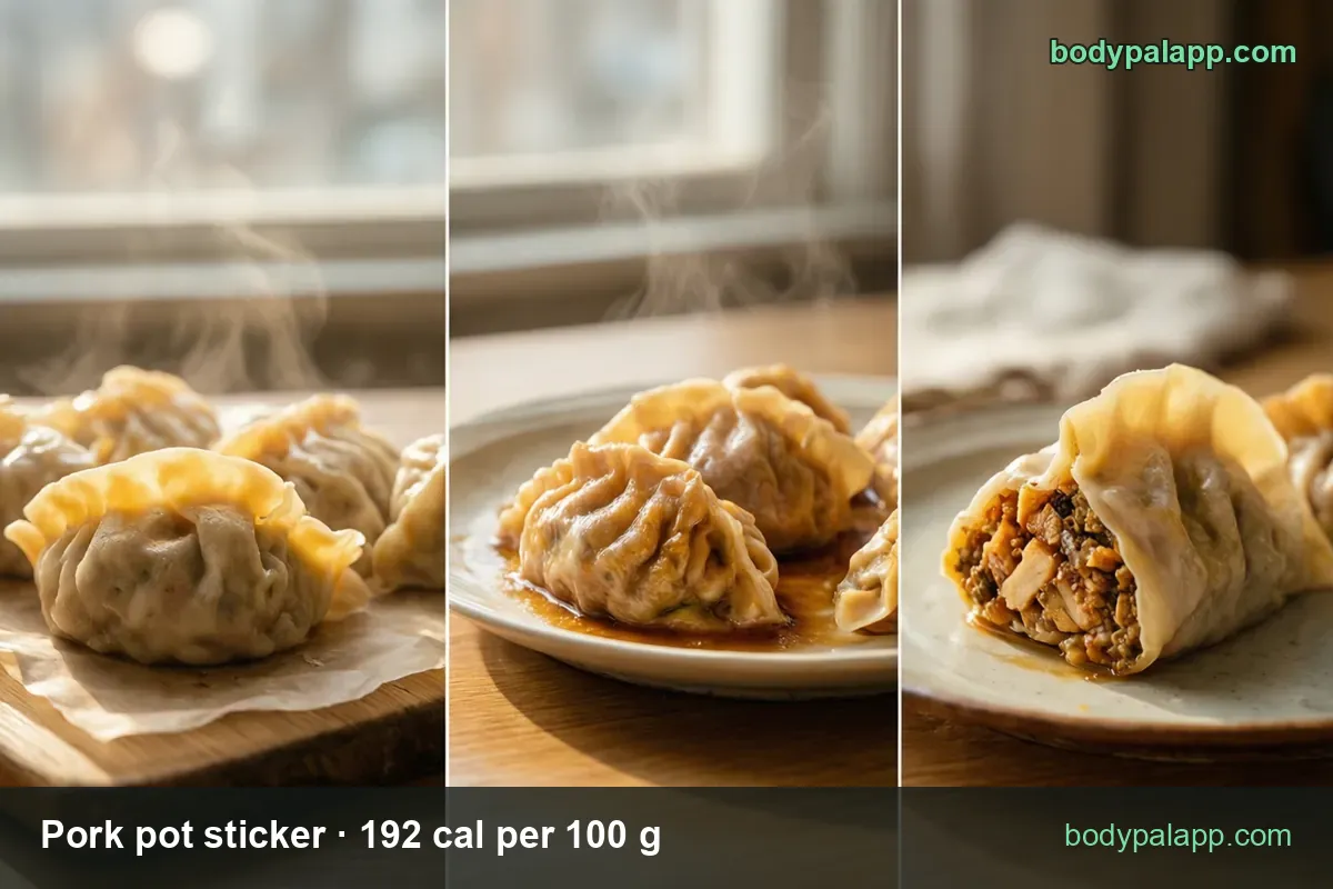 Collage of pork pot stickers: four on paper, two with dipping sauce, one cut open; chips 1 pot sticker (25 g) and 4 pot stickers (100 g)
