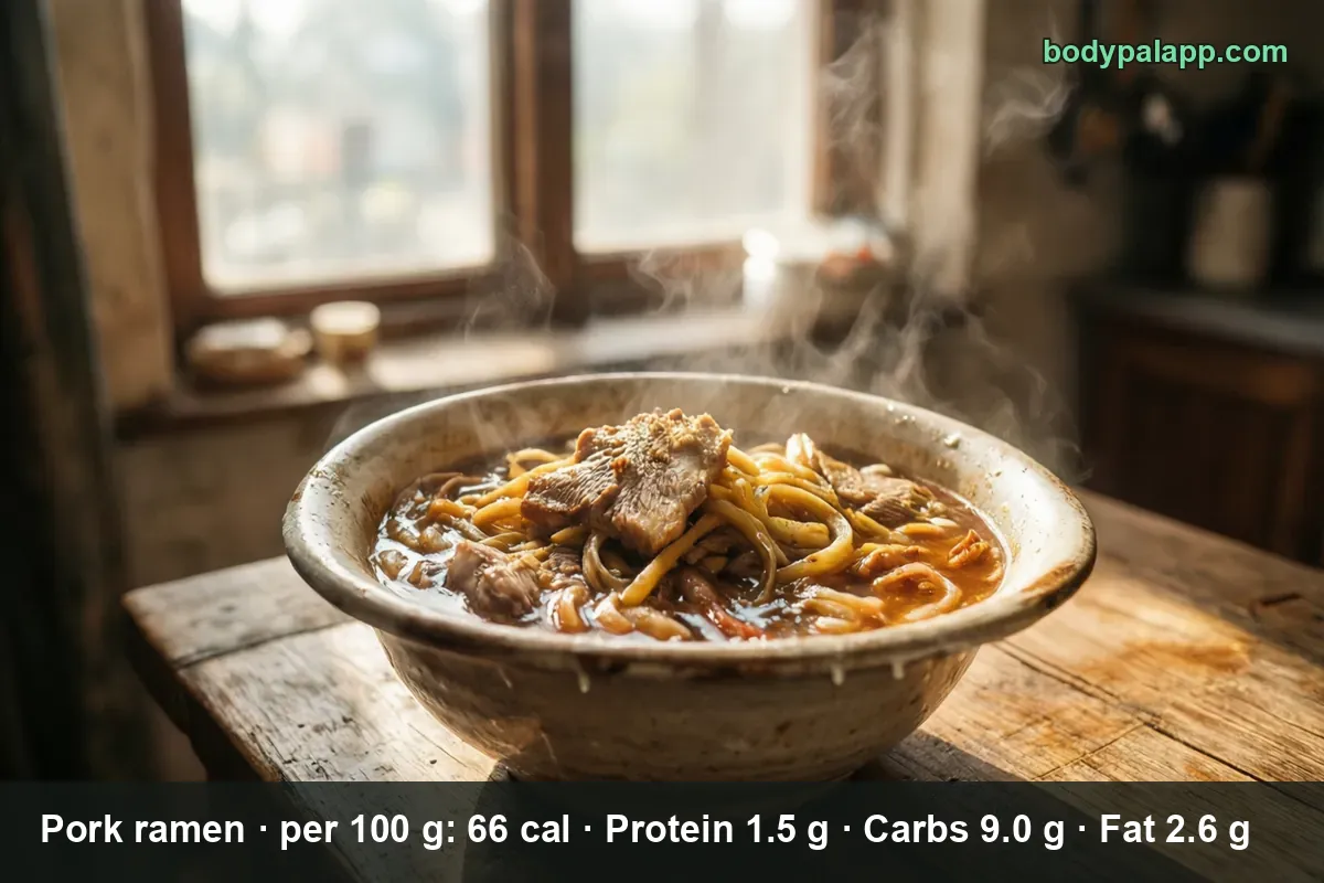 A bowl of pork ramen with noodles, sliced pork and steaming brown broth